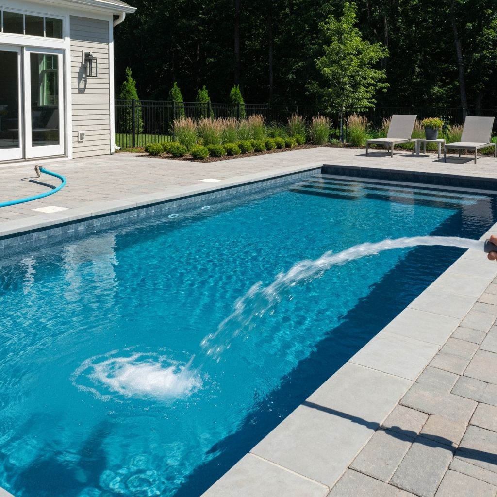 Beautiful backyard swimming pool being filled with water